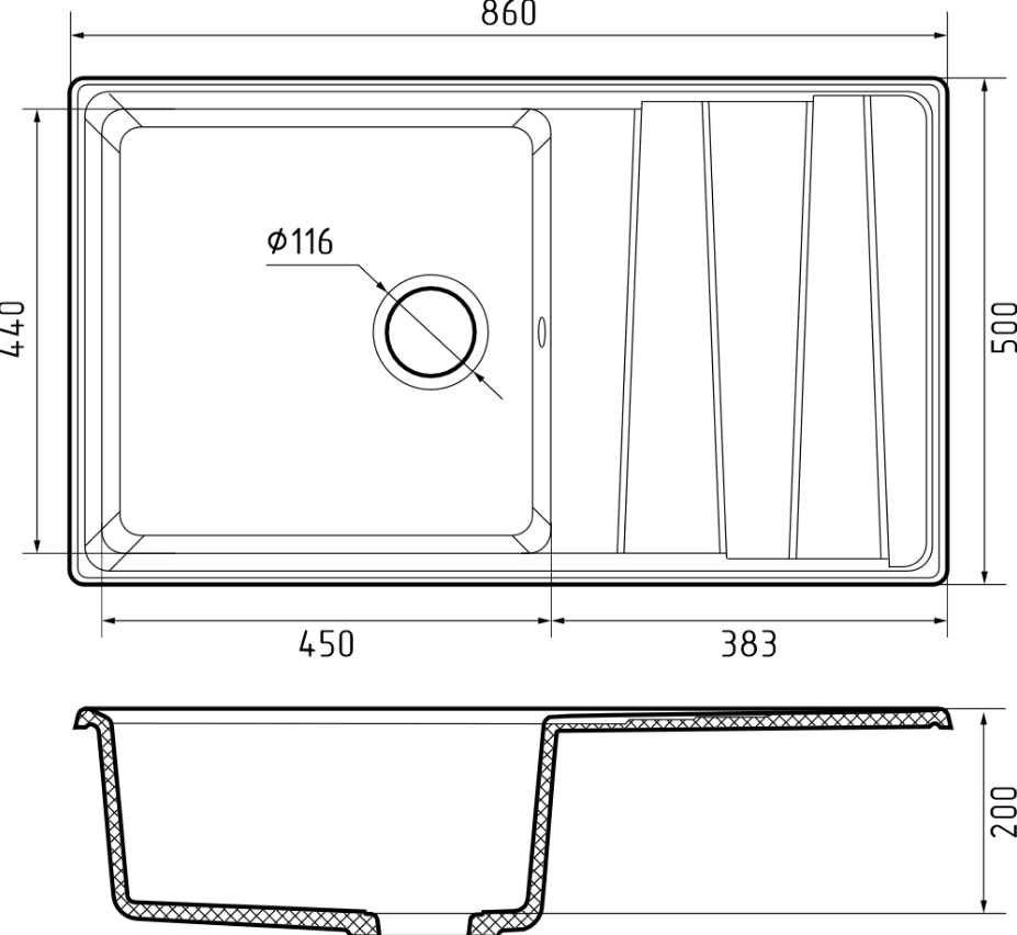 Мойка GranFest мрамор LEVEL GF-LV860L (860х500мм) Графит П/ЗАКАЗ